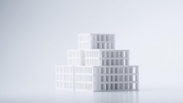 White stacked rectangular grid blocks forming a stepped tower, like a minimalist pyramid. Concept Minimalist architecture, White stacked blocks, Geometric pyramid, Grid-pattern tower