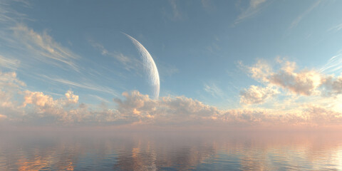 Serene Seascape at Dusk with a Majestic Crescent Moon and Soft Cloud Formations Reflecting