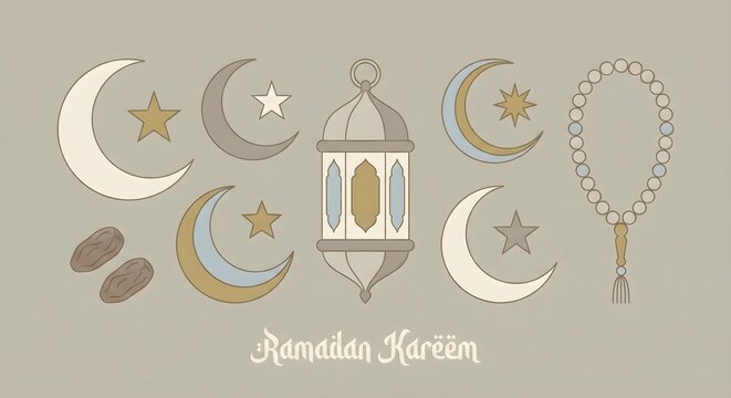 Ramadan Kareem Islamic Icons Set with Crescent, Lantern and Prayer Beads