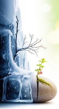 Visual metaphor showing the dramatic seasonal shift from the harsh depths of winter coldness to the arrival of milder early springtime, timeline, mud, damp
