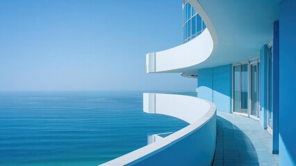 Naklejka premium Blue oceanfront balcony of a modern building with curved white railings overlooking the calm sea. Concept Oceanfront balcony, Modern architecture, Curved white railings, Calm blue sea