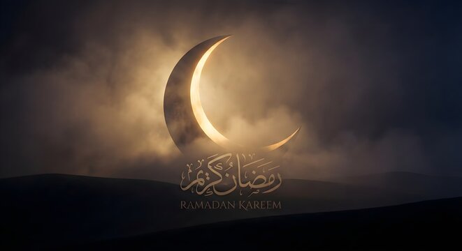 Dramatic Crescent Moon in Dark Sky Ramadan Kareem Background