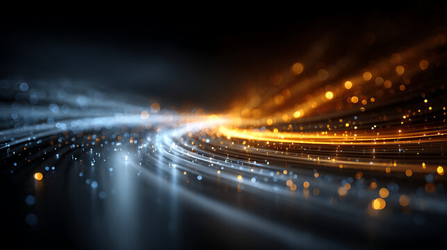 Vibrant abstract light trails and glowing particles flowing in blue and gold gradient motion, perfect for technology headers and futuristic data visualization backgrounds