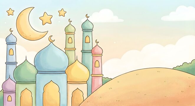 Colorful Cartoon Islamic City Ramadan Mubarak Illustration