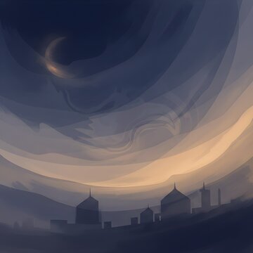 Twilight Mosque Silhouette Crescent Moon Ramadan Scene