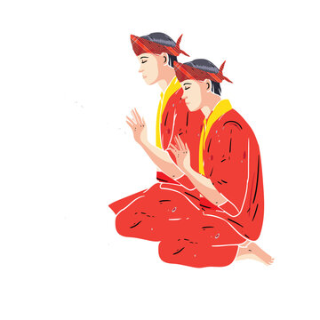 Soka Traditional Attire Fabric Motif and Texture Detail in Vector Illustration. A friendly mascot-style character wearing Soka traditional clothing, posing in a welcoming manner.