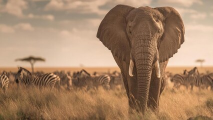 Fototapeta premium An adult elephant standing in tall savanna grass with zebras in the background. Concept Elephant, Savannah, Zebras, Tall grass, African wildlife