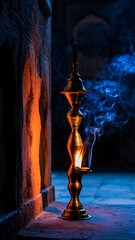 Antique Brass Samai Oil Lamp Glowing Softly in Traditional Moody Interior 2026