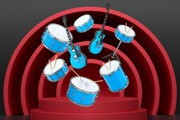 Set of electric guitars, acoustic guitar, and drum set suspended in air above podium, on a pastel colorful background