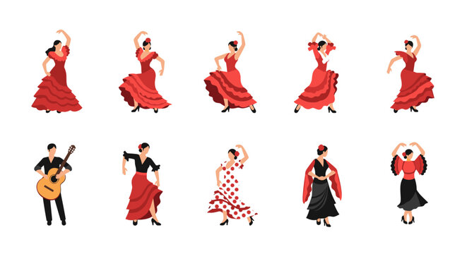 Collection of flamenco dancers and a guitarist in various poses and outfits