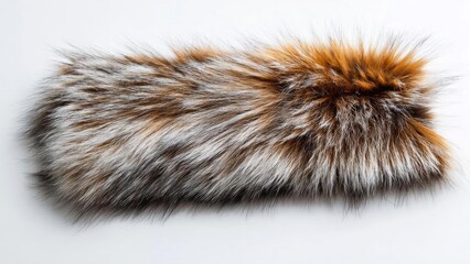 Fototapeta premium Fluffy multicolored fur tail ornament with orange, white and black fur, like a fox tail. Concept Fluffy tail ornament, Multicolored fur, Faux fox tail, Orange white black fur, Plush fashion accessory
