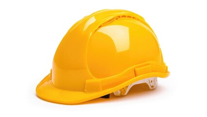 Fototapeta premium Bright yellow construction hard hat on a white background. Concept Yellow hard hat, White background, Construction safety, Safety helmet, Product photography