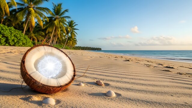 A glowing coconut halves on a sunny tropical beach with white sand, palm trees, and turquoise ocean water under a clear blue sky. Surreal paradise.