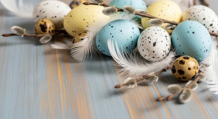 Obraz premium Easter sunday day celebration with colorful eggs and feathers