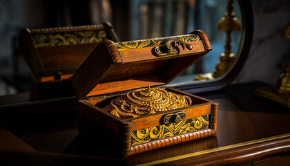 Open Vintage Wooden Box with Gold Filigree and Traditional Indian Jewelry 2026
