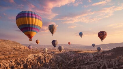 Obraz premium Hot air balloons floating over a rugged desert valley at sunrise, Cappadocia. Concept Hot air balloons, Cappadocia, Sunrise landscape, Rugged desert valley, Aerial photography