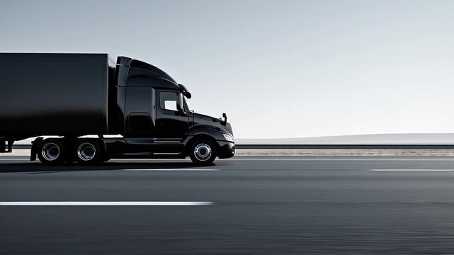 Side view of a black semi-truck driving on a highway with clear blue sky, capturing movement and transport