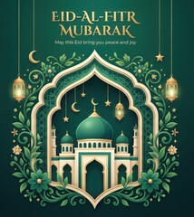 Fototapeta premium Eid al Fitr Mubarak greeting card with mosque and lanterns