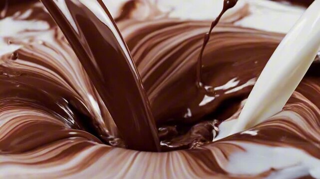Chocolate being poured into white chocolate mix creating a swirled pattern from a close-up viewpoint