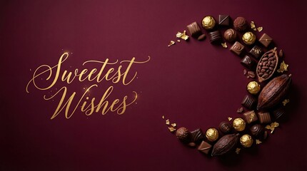 Assortment of gourmet chocolates and cocoa beans arranged in a crescent shape with Sweetest Wishes text, concept of luxury, indulgence, and celebration