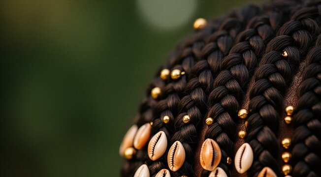 Traditional african braided hairstyle with cowrie shells and gold beads