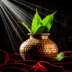 Large Hammered Copper Kalash with Fresh Mango Leaves on Red Drapery 2026