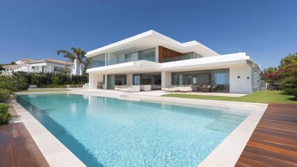 Fototapeta premium Modern white villa with glass walls, a long swimming pool, and a wooden deck under a clear blue sky. Concept Glass-walled modern villa, Long swimming pool with wooden deck, Serene blue-sky backdrop