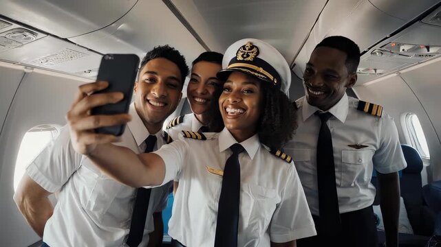 Flight Team Smiles During Predeparture Photo. Airline Crew Poses Happily For Photo Before Takeoff. Pilots And Cabin Staff Share Candid Moment Captured In Friendly Group Snapshot