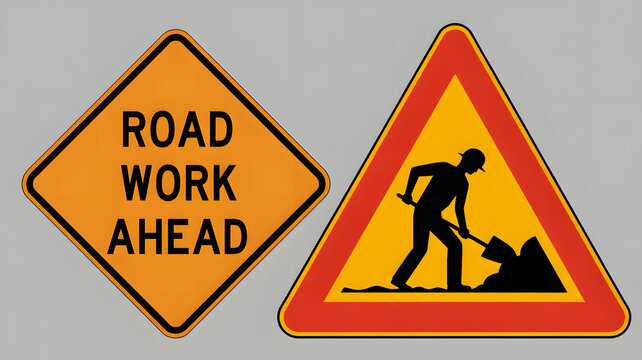 Road work ahead warning signs on a gray background