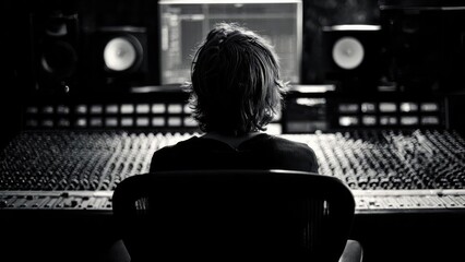 Naklejka premium Back view of a person with shaggy hair in a recording studio, sitting at a large mixing console and computer screen. Concept Back view, recording studio, large mixing console, computer screen