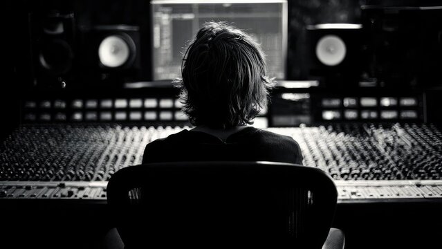 Back view of a person with shaggy hair in a recording studio, sitting at a large mixing console and computer screen. Concept Back view, recording studio, large mixing console, computer screen