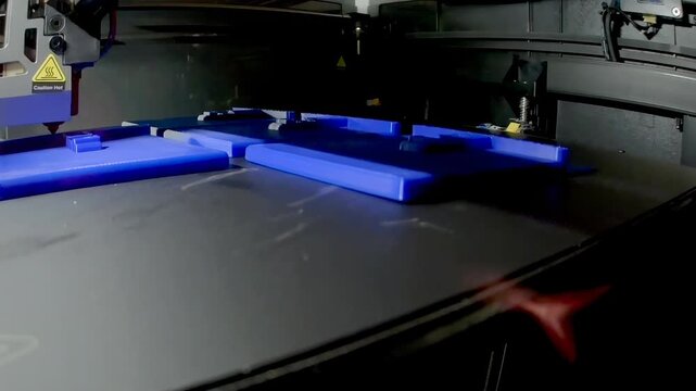 Timelapse of 3D printer producing blue cat silhouette bookends on build plate, showcasing additive manufacturing workflow for bookshelf organization, DIY design and rapid prototyping