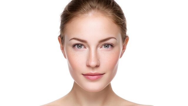 Close-up of a young woman with fair skin and freckles, looking straight at the camera against a white background. Concept Close-up portrait, Freckled skin, Direct gaze, Studio white background