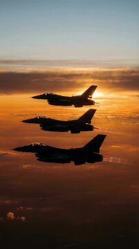 Three military fighter jets flying in formation against a dramatic golden sunset sky. Silhouette of supersonic combat planes patrolling above the clouds. Air force aviation concept for vertical video