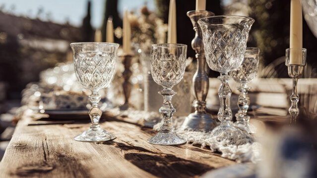 Crystal cut-glass goblets and candles arranged on a rustic wooden outdoor table. Concept Crystal Glassware, Candles, Rustic Outdoor Table, Elegant Table Decor, Romantic Ambience