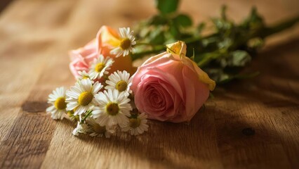 Fototapeta premium A pink rose with white daisies resting on a wooden table. Concept Pink Rose, White Daisies, Rustic Still Life, Wooden Table, Floral Arrangement