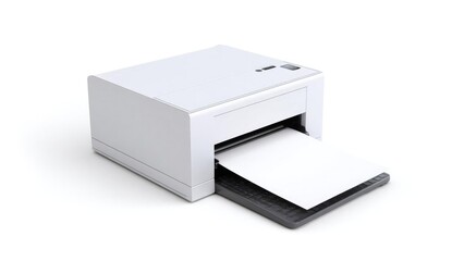 White laser printer printing a sheet, paper emerging from the front output tray. Concept White laser printer, Printing a sheet, Paper emerging from output tray, Office printer, Printer in action