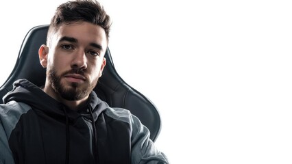 Obraz premium Young man with a beard sits in a black gaming chair, wearing a dark hoodie, against a white background. Concept Bearded man, Gaming chair, Dark hoodie, Studio portrait, White background