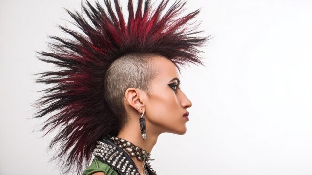 Side profile of a punk rocker with a tall red and black spiky mohawk, shaved sides, bold eyeliner, and studded jewelry. Concept Punk rocker side-profile portrait, Tall red and black spiky mohawk