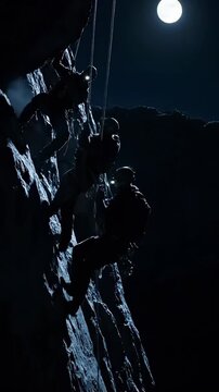 Nighttime rock climbing adventure with team ascenders. Climbers use headlamps for safety. Vertical movements create thrilling atmosphere under full moon.