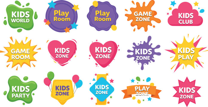 Set of bright colorful vector badges and labels for kids play zone game room and children party area isolated on white background.