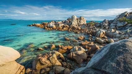 Fototapeta premium Rocky shoreline with big granite boulders, clear turquoise water, and a bright blue sky. Concept Rocky shoreline, Granite boulders, Turquoise water, Bright blue sky, Coastal landscape