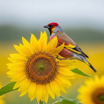 Colorful finch perched on a bright yellow sunflower