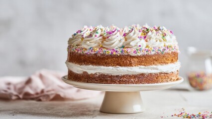 Two-layer vanilla cake with white frosting filling and colorful sprinkles on top, set on a cake stand. Concept Two-layer vanilla cake, white frosting filling, colorful sprinkles on top, cake stand
