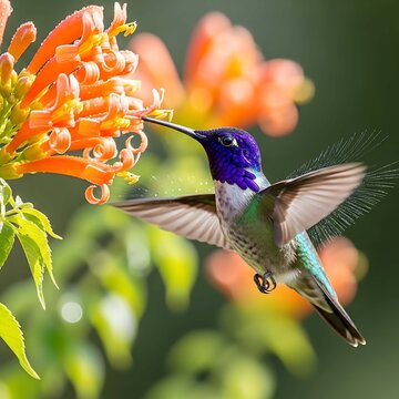 Hummingbird drinking nectar from orange trumpet flowers