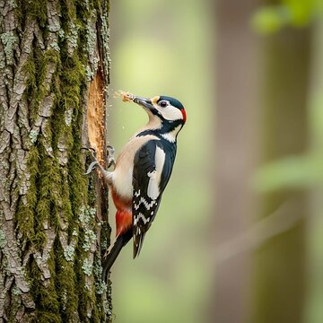 Great Spotted Woodpecker Pecking Tree Bark bird wildlife