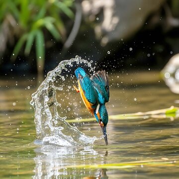 Kingfisher diving into water with splash bird
