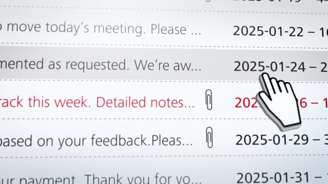 Email client interface with mouse hover interaction highlighting messages and attachments, representing user experience design, productivity software and digital office workflow.