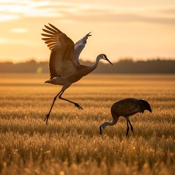 Sandhill Cranes in Field at Sunset birds wildlife