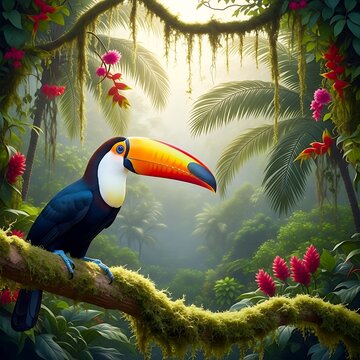 Toucan perched on a mossy branch in a lush rainforest